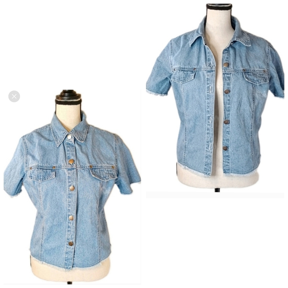 Vintage Cropped 80s 90s Expressions Denim Button Down Frayed Shirt Size S